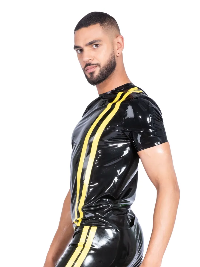 HonourSkintwocom Female Sex Toys Mens Black T Shirt with Yellow Stripes